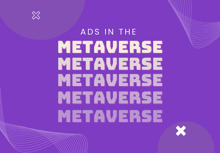Purple background with abstract white line patterns and circular shapes, featuring the phrase 'Ads in the Metaverse' repeated in bold gradient text with a fading effect.