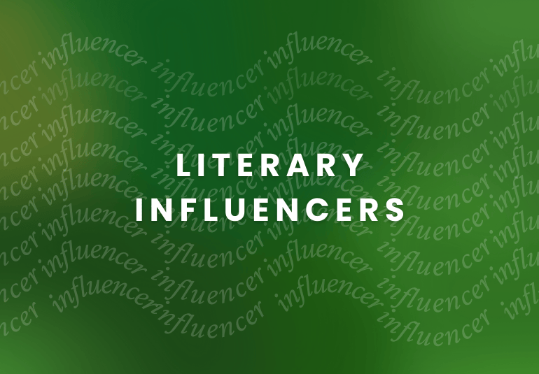 Green background with the word 'influencer' repeated in a wavy pattern, overlaid with the bold white text 'Literary Influencers' in the center.
