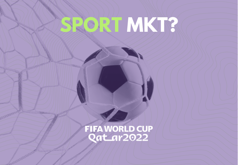 Soccer ball hitting the net with the text 'Sport MKT?' in green and white, and the FIFA World Cup Qatar 2022 logo on a purple background.