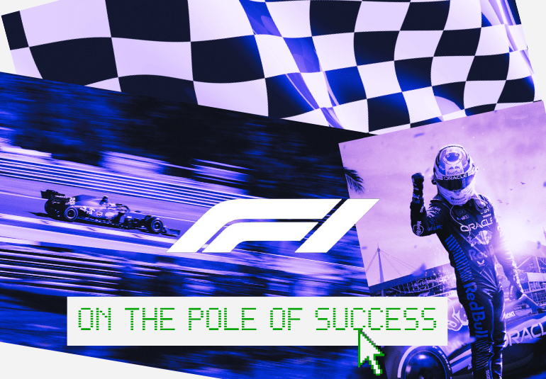 Collage of Formula 1 imagery with a racing car in motion, a checkered flag, and a victorious driver raising a fist, overlaid with the phrase 'On the pole of success' in digital green text with a cursor pointer.